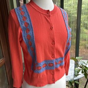 TORY BURCH Cropped Orange Cardigan Blue Embroidery Sz M